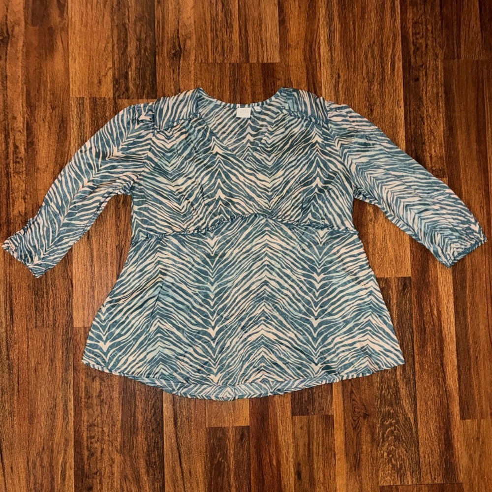 New Directions Teal White Zebra Print V-Neck 3/4 Sleeve Blouse Top Large